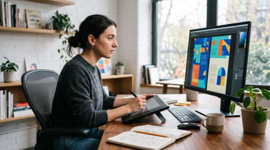 Designer graphique professionnel travaillant sur un logiciel de création avec une tablette graphique dans un studio moderne