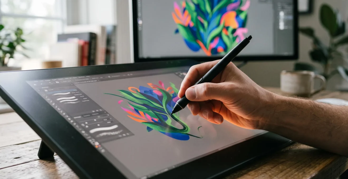 Gros plan sur une main de designer utilisant un stylet sur une tablette graphique professionnelle pour créer une illustration numérique colorée