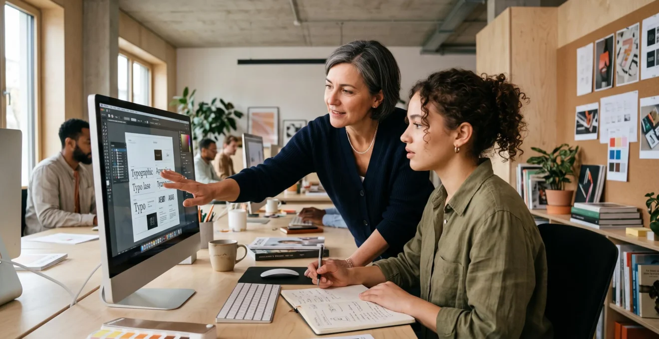 Deux professionnels du design graphique collaborant sur un projet, un formateur expérimenté expliquant des concepts à un designer en formation devant un écran partagé