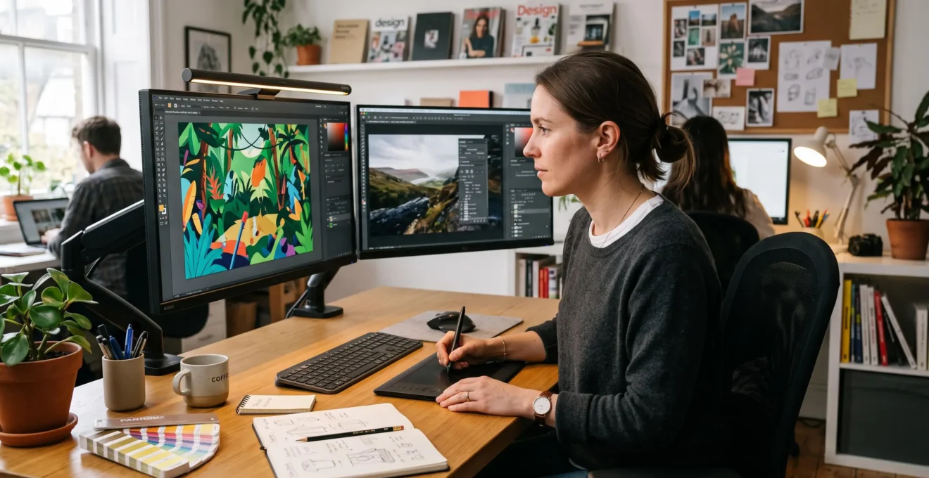 Poste de travail professionnel d'un designer graphique avec deux écrans montrant des logiciels de conception en cours d'utilisation