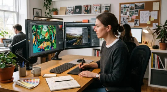 Poste de travail professionnel d'un designer graphique avec deux écrans montrant des logiciels de conception en cours d'utilisation